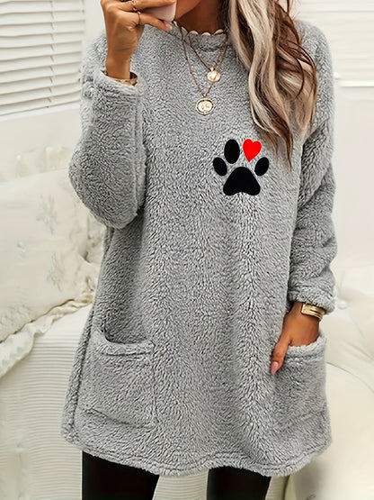 Paw Print Teddy Pullover Sweatshirt, Casual Long Sleeve Crew Neck Sweatshirt With Pockets For Fall & Winter, Women's Clothing