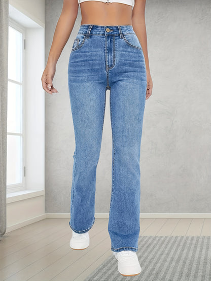 xieyinshe  Light Blue Casual Bootcut Jeans, Mid-Stretch Slant Pockets High Waist Denim Pants, Women's Denim Jeans & Clothing