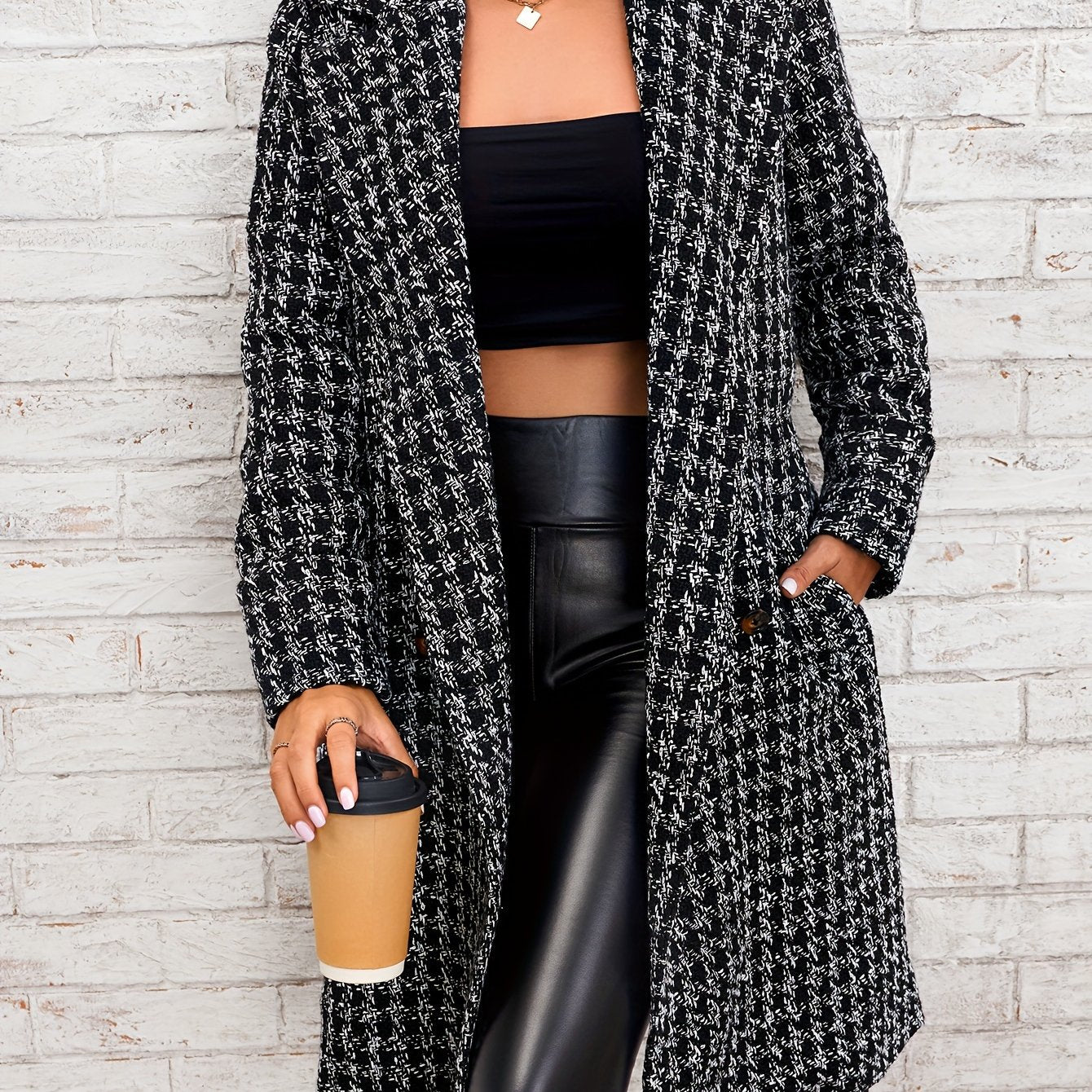 xieyinshe Houndstooth Pattern Double Breasted Overcoat, Elegant Lapel Long Sleeve Outerwear, Women's Clothing