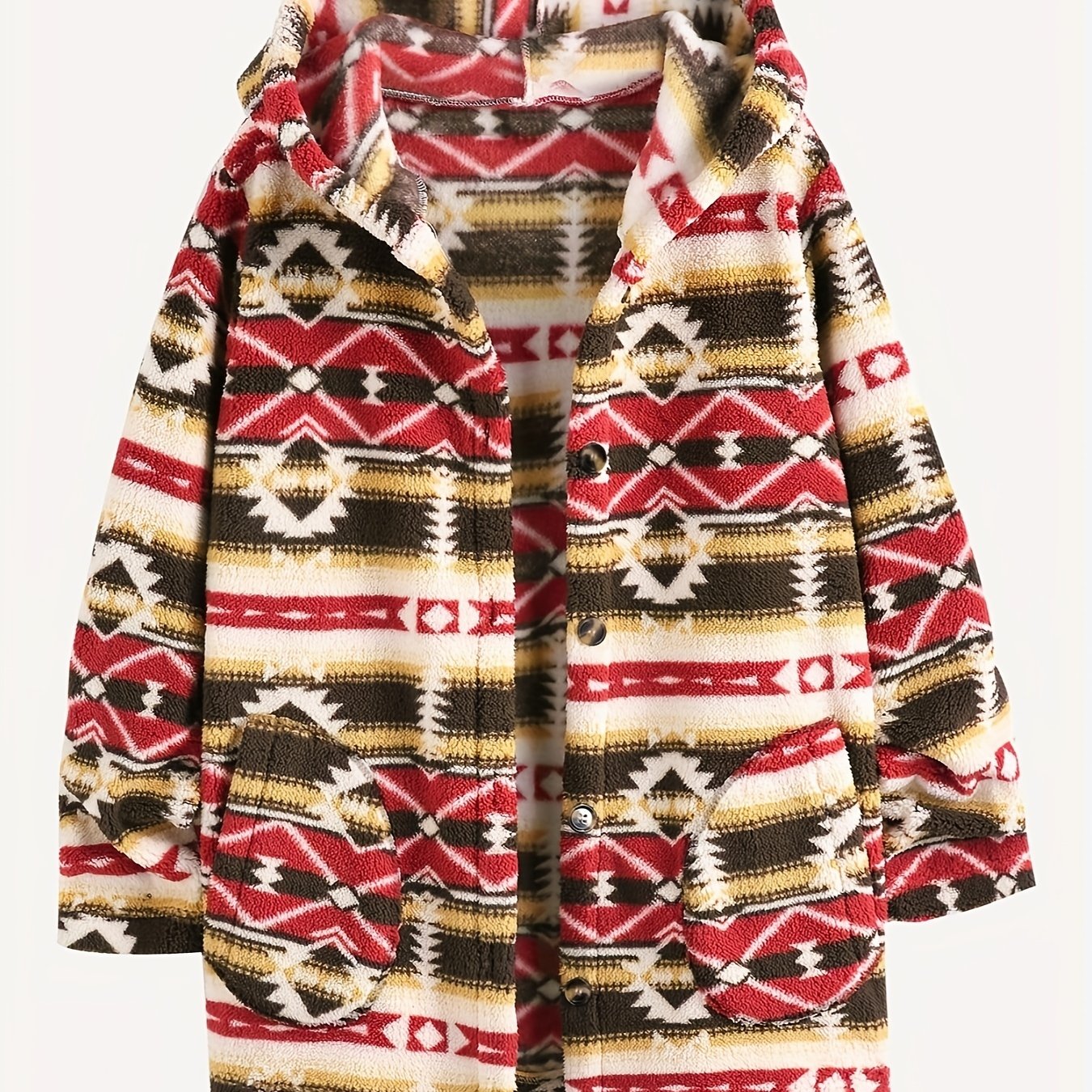 Aztec Print Hoodie Plush Coat, Casual Slant Pockets Button Front Outerwear, Women's Clothing