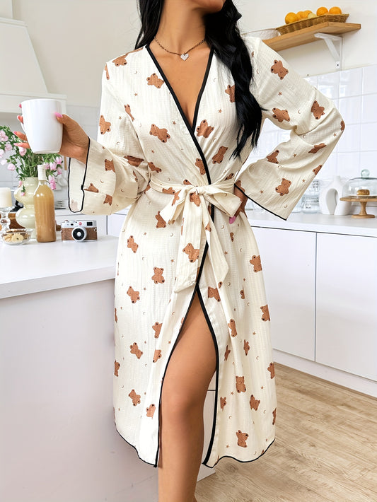 Allover Bear Print Textured Binding Night Robe, Long Sleeve V Neck Robe With Belt, Women's Sleepwear & Dresses