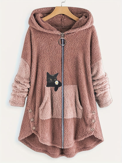 xieyinshe Plus Size Colorblock Cartoon Cat Print Hoodie Zip Up Fuzzy Coat, Women's Plus Slight Stretch Casual Warm Coat