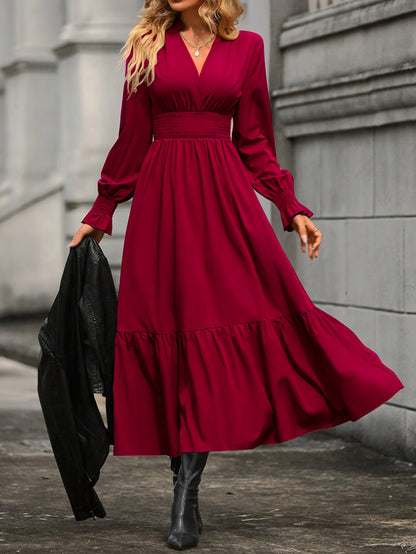 xieyinshe  Shirred High Waist Solid Dress, Elegant V Neck Long Sleeve Dress, Women's Clothing