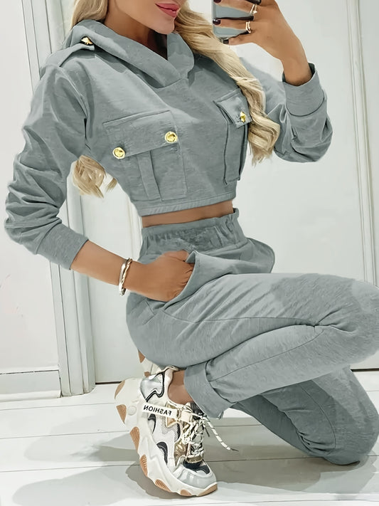 xieyinshe  Solid Casual Two-piece Set, Long Sleeve Hooded Tops & Paper Bag Waist Jogger Pants Outfits, Women's Clothing