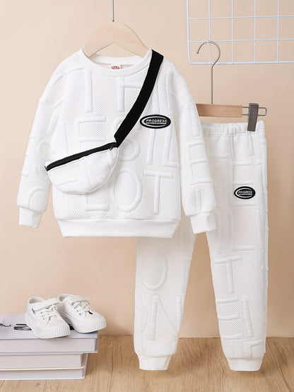 Boys Fall/Winter 2-Piece Set - Textured Lettered Pullover Sweatshirt, Ribbed Hem With Long Sleeve And Matching Striped Pants, Including Cute Crossbody Bag