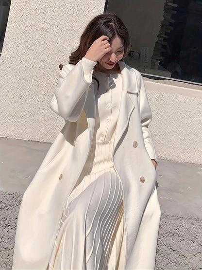 xieyinshe  Solid Double-breasted Tied Coat, Casual Long Sleeve Lapel Coat For Fall & Winter, Women's Clothing