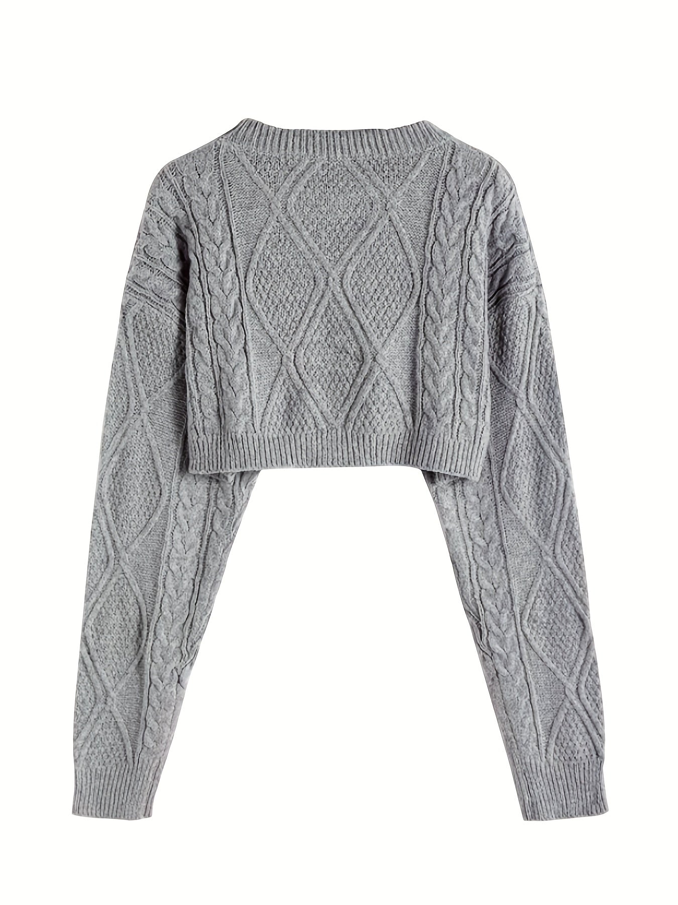 Twist Pattern Crew Neck Sweater, Casual Long Sleeve Crop Sweater For Spring & Fall, Women's Clothing