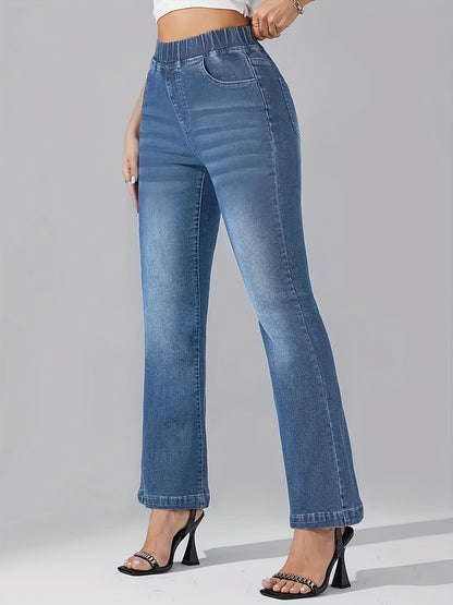 xieyinshe  Elastic Waist Casual Flare Jeans, High Stretch Slant Pockets Washed Bell Bottom Jeans, Women's Denim Jeans & Clothing