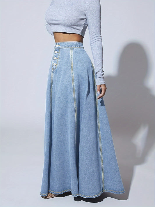 xieyinshe Single-Breasted Plain Maix Flare Denim Skirt, High Rise Washed Blue Retro Denim Skirt, Women's Denim Jeans & Clothing