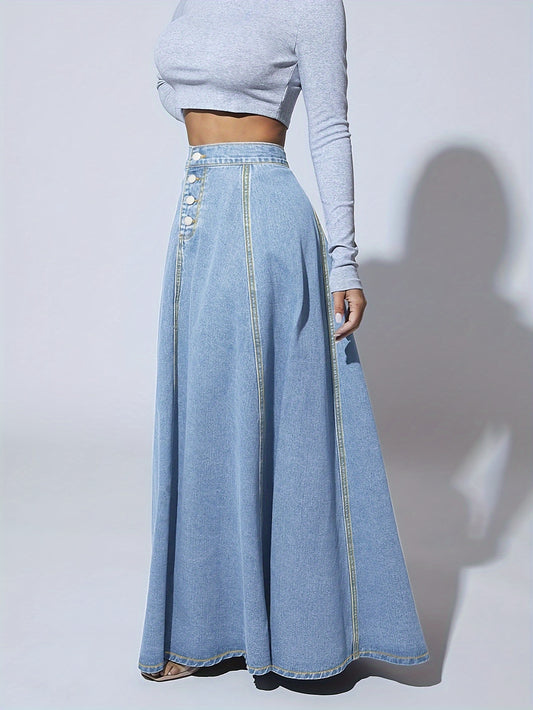 Single-Breasted Plain Maix Flare Denim Skirt, High Rise Washed Blue Retro Denim Skirt, Women's Denim Jeans & Clothing