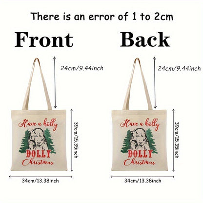 1pc Holly Dolly Christmas Canvas Tote Bag - Eye-Catching Design, Durable & Reusable for Womens Travel, Daily Use, Shopping - Trendy Foldable Shoulder Bag, Perfect Xmas Gift Idea