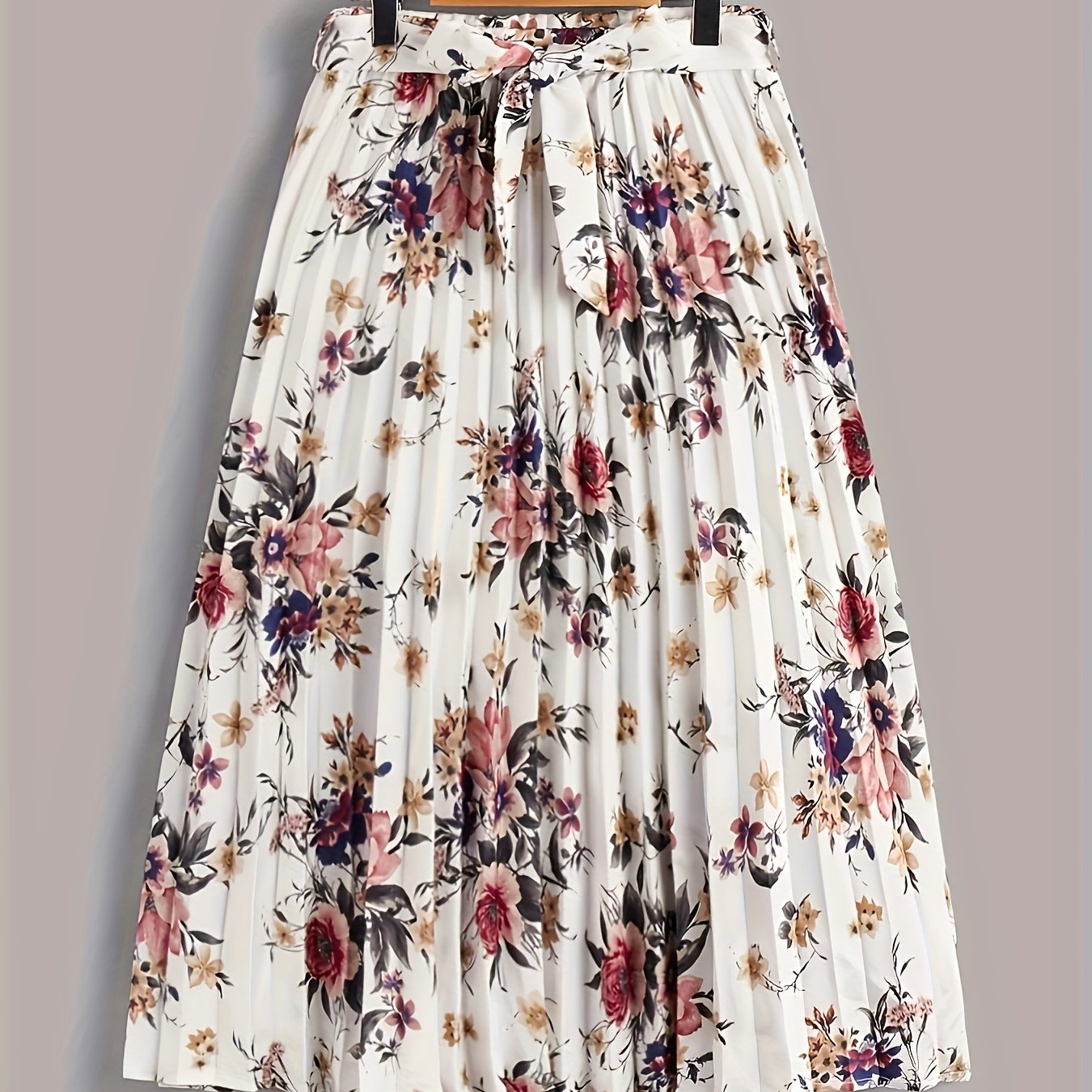 Vintage Floral Print Skirts, Elegant Pleated Tie Waist Daily Skirts, Women's Clothing