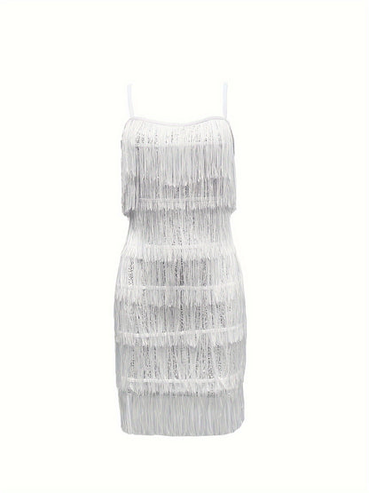 xieyinshe  Solid Fringe Hem Cami Dress, Elegant Sleeveless Dress For Party & Club, Women's Clothing