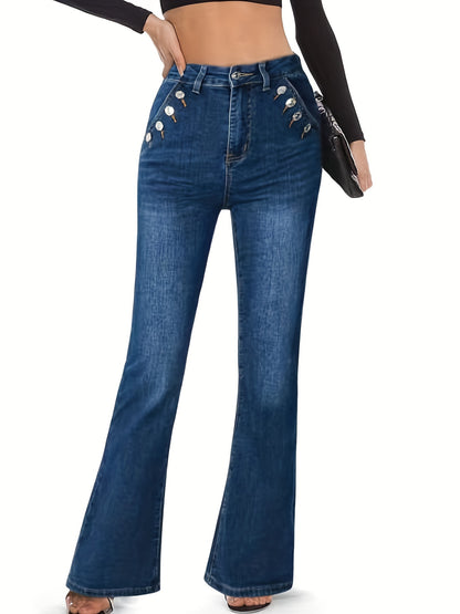 Blue Mid Stretch Flare Jeans, Slant Pockets Double Single-Breasted Button Decor Bell Bottom Jeans, Women's Denim Jeans & Clothing