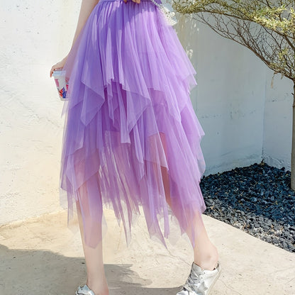 xieyinshe  Teen Girl Asymmetrical Tulle Long Skirt, Elastic High Waist Skirts For Elegant Outfit