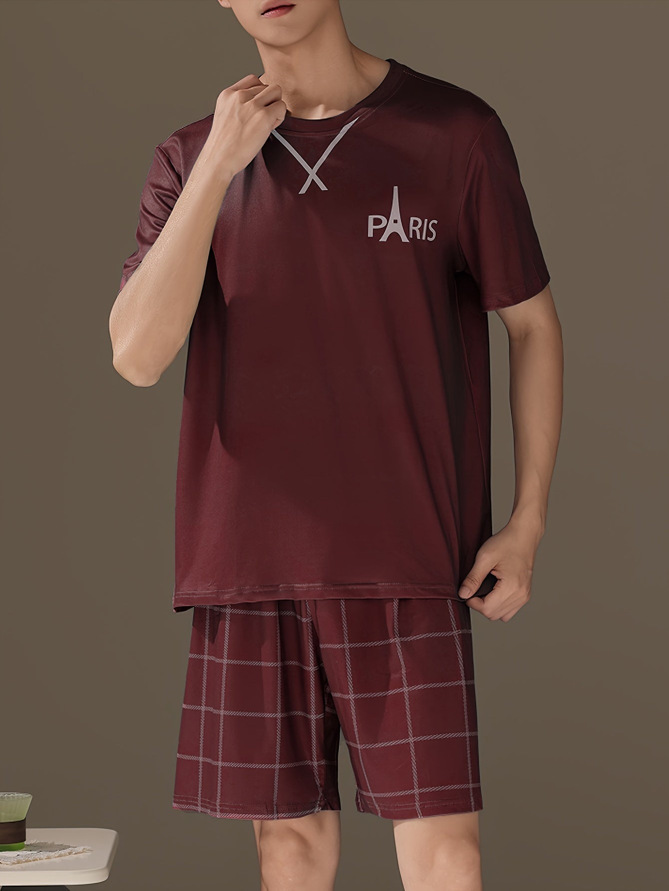 2 Pcs Mens Pajama Sets - Stylish Letter Pattern Short Sleeve T-Shirts & Soft Plaid Shorts, Gentle Style for Relaxed Fit, Ultra-Soft Fabric, Perfect for Mens Summer Lounging and Relaxation, Ideal Cozy Loungewear for Warm Weather