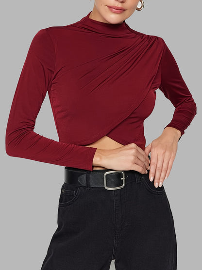 Solid Mock Neck T-shirt, Casual Long Sleeve Ruched Crop Top, Women's Clothing
