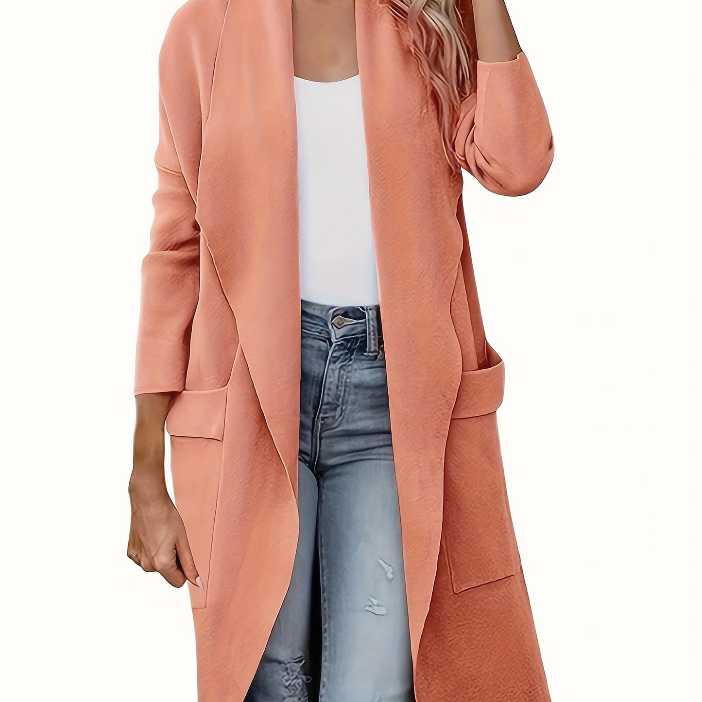 Solid Open Front Lapel Overcoat, Versatile Long Sleeve Patched Pockets Coat, Women's Clothing