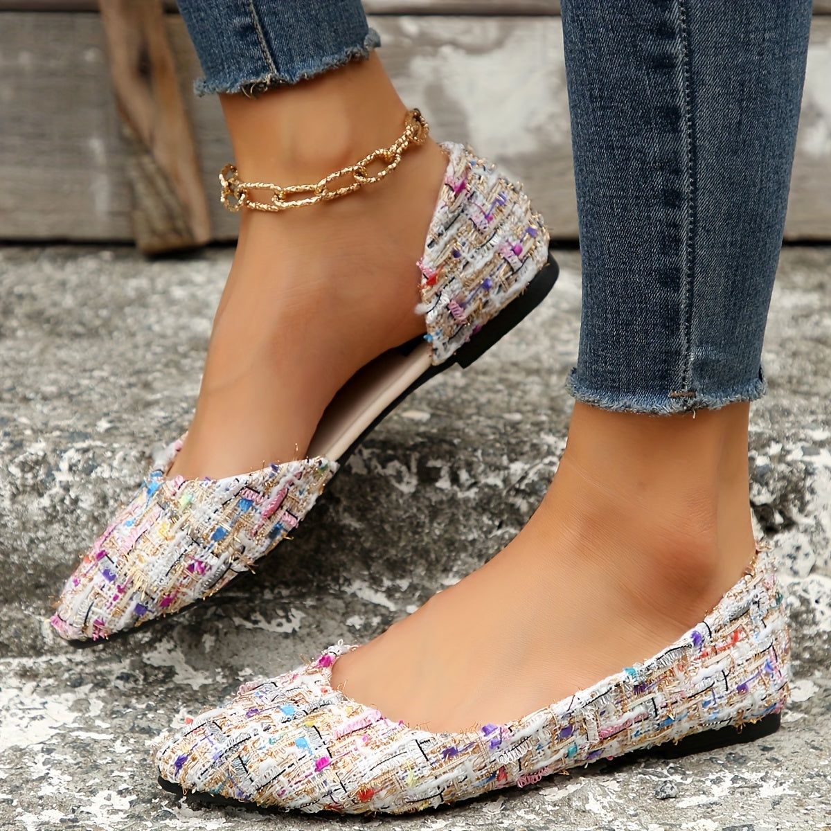 Women's Elegant Pointed Toe Flats, Side Cut-out Slip On Tweed Shoes, Comfy Soft Sole Flat Shoes