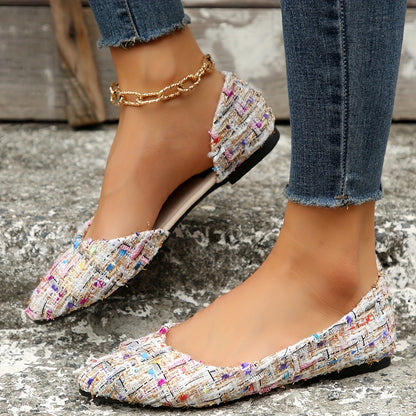 Women's Elegant Pointed Toe Flats, Side Cut-out Slip On Tweed Shoes, Comfy Soft Sole Flat Shoes