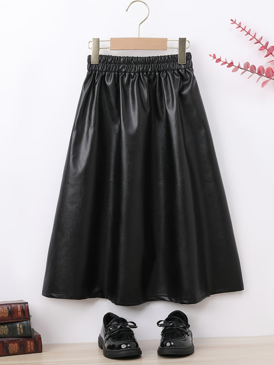 xieyinshe Trendy Girls Elastic Waist PU Leather Midi Dress Kids Clothes For Fall Winter Party