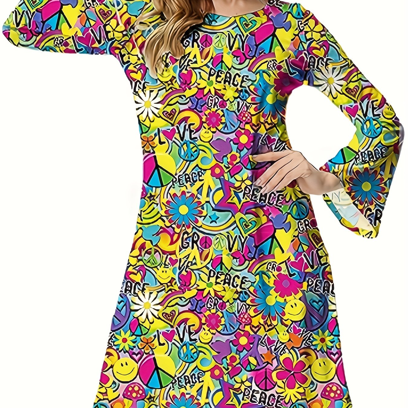 xieyinshe  70s Hippie Halloween Costume Dress, Vintage Floral Flared Long Sleeve Party Dress, Women's Clothing