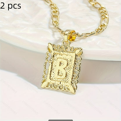 2 pcs Personalized Initial Letter Pendant Necklace - 18K Gold Plated Square Capital Monogram in Figaro Chain - Fashionable Alloy Necklace for Men and Women with A-Z Alphabet Options