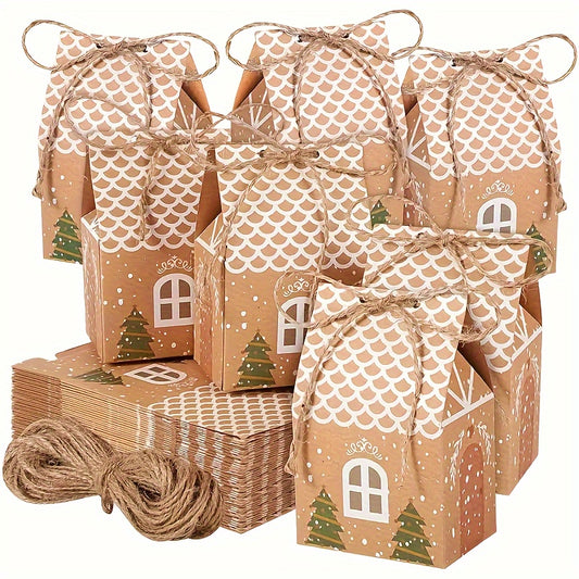 10pcs Festive Kraft Paper Gift Bags with Twine, Christmas Tree and Gingerbread House Design, Holiday Treat Packaging for Cookies and Candy