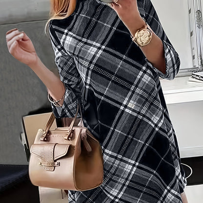 xieyinshe Plus Size Casual Dress, Women's Plus Plaid Print Half Sleeve Mock Neck Slight Stretch Mini Dress