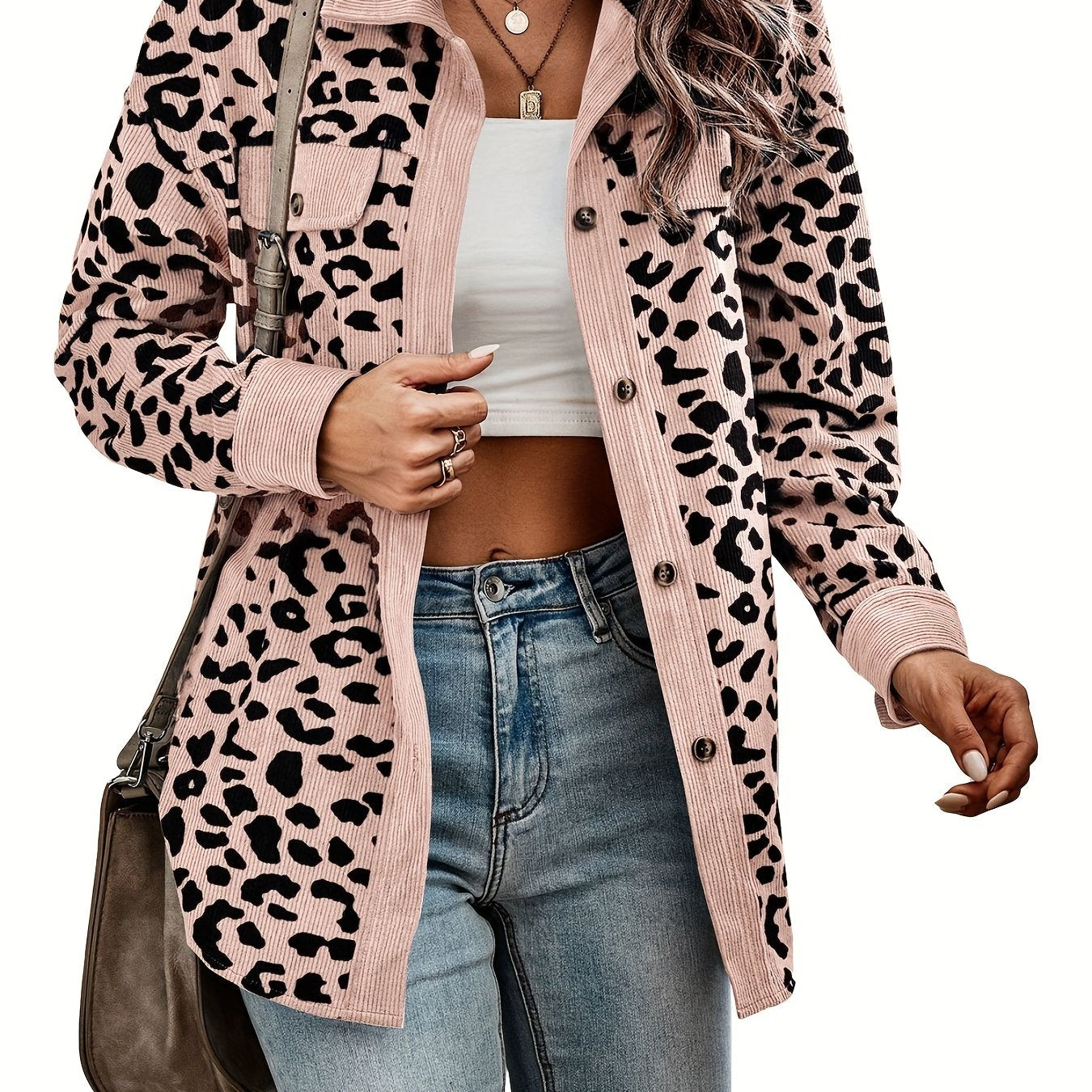 xieyinshe Leopard Print Shacket Jacket, Casual Button Front Turn Down Collar Long Sleeve Outerwear, Women's Clothing