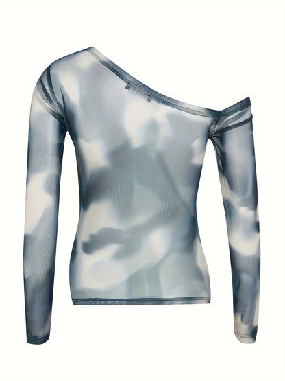 Tie Dye Slant Shoulder Mesh Top, Vintage Long Sleeve Slim Top For Spring & Fall, Women's Clothing