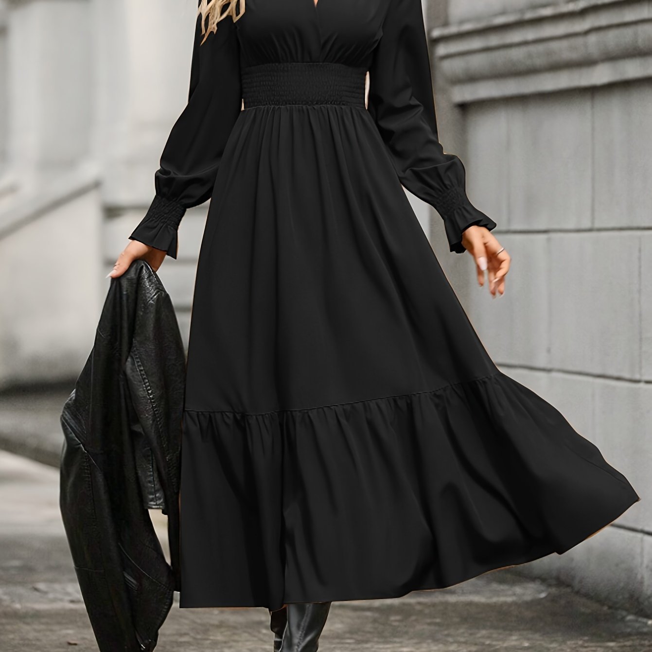 xieyinshe  Shirred High Waist Solid Dress, Elegant V Neck Long Sleeve Dress, Women's Clothing