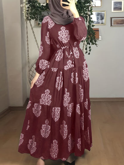 xieyinshe  Floral Print High Waist Dress, Casual Crew Neck Long Sleeve Maxi Dress, Women's Clothing