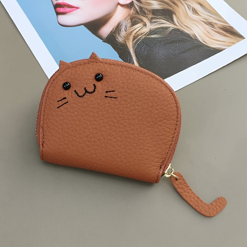 Compact & Chic Genuine Leather Cat-Design Wallet - Secure Zipper, Polyester Lined Coin Purse, and Sleek Card Holder