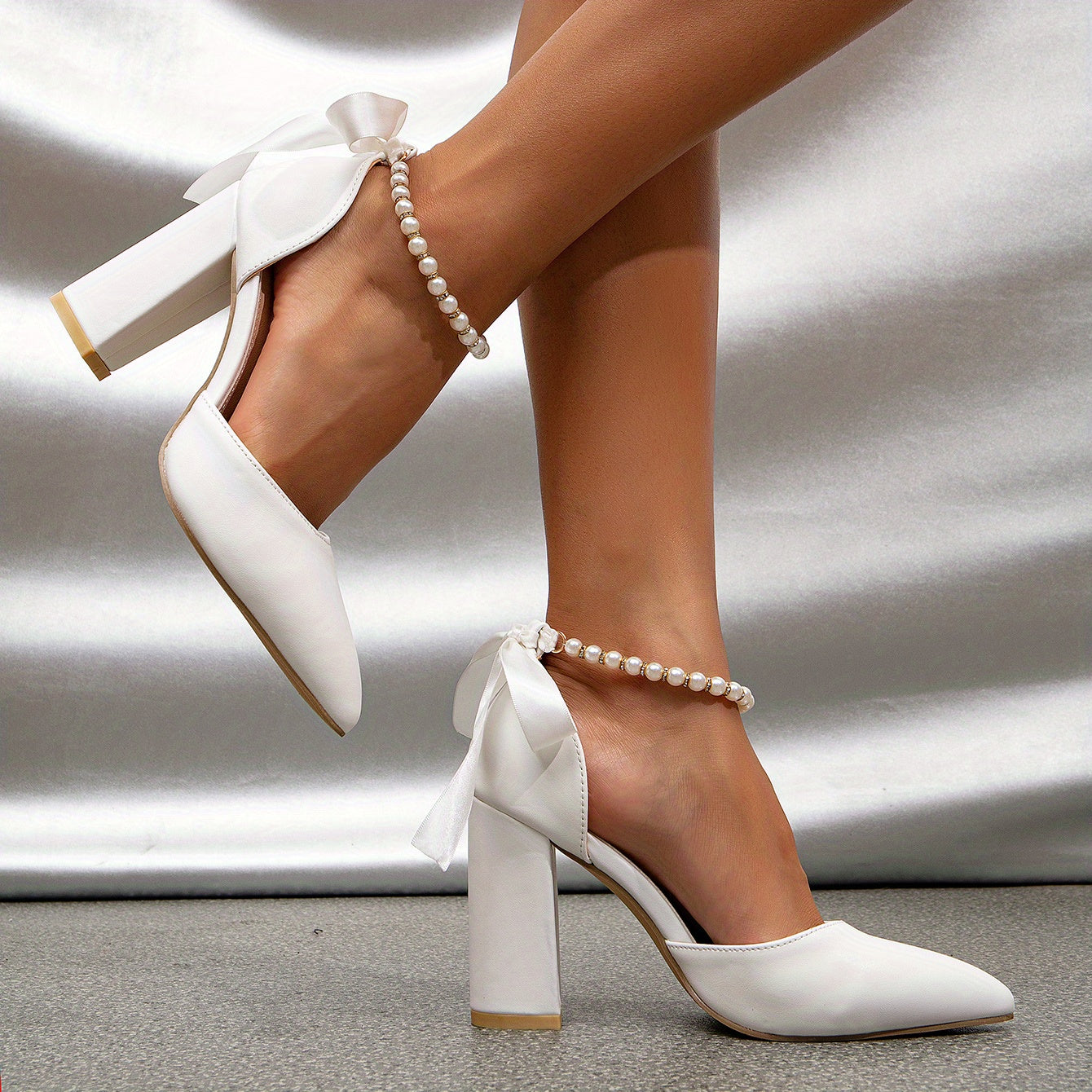 Elegant Pointed Toe Block Heels - Breathable Pearl-Strapped Mary-Janes for Wedding & Evening, All-Season Chic