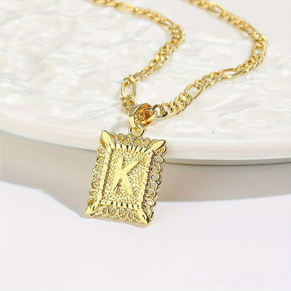 2 pcs Personalized Initial Letter Pendant Necklace - 18K Gold Plated Square Capital Monogram in Figaro Chain - Fashionable Alloy Necklace for Men and Women with A-Z Alphabet Options