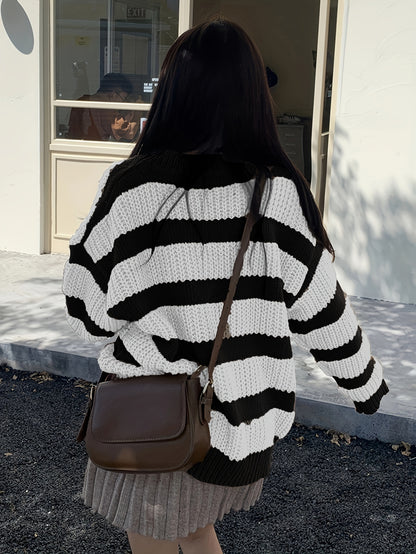 xieyinshe  Striped V Neck Pullover Sweater, Casual Long Sleeve Drop Shoulder Sweater, Women's Clothing