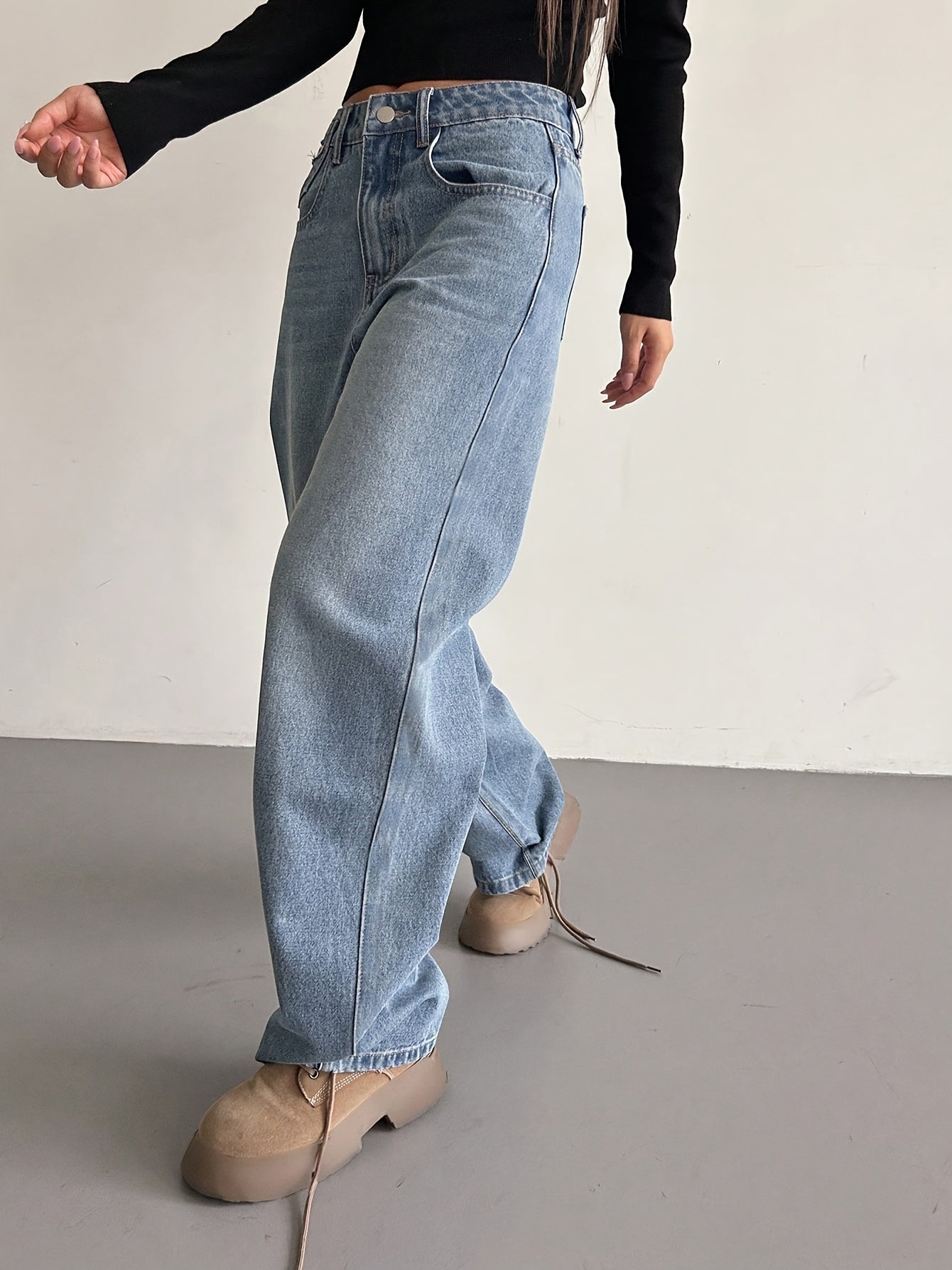 xieyinshe  Loose Fit Washed Straight Jeans, Slant Pockets Non-Stretch Casual Denim Pants, Women's Denim Jeans & Clothing