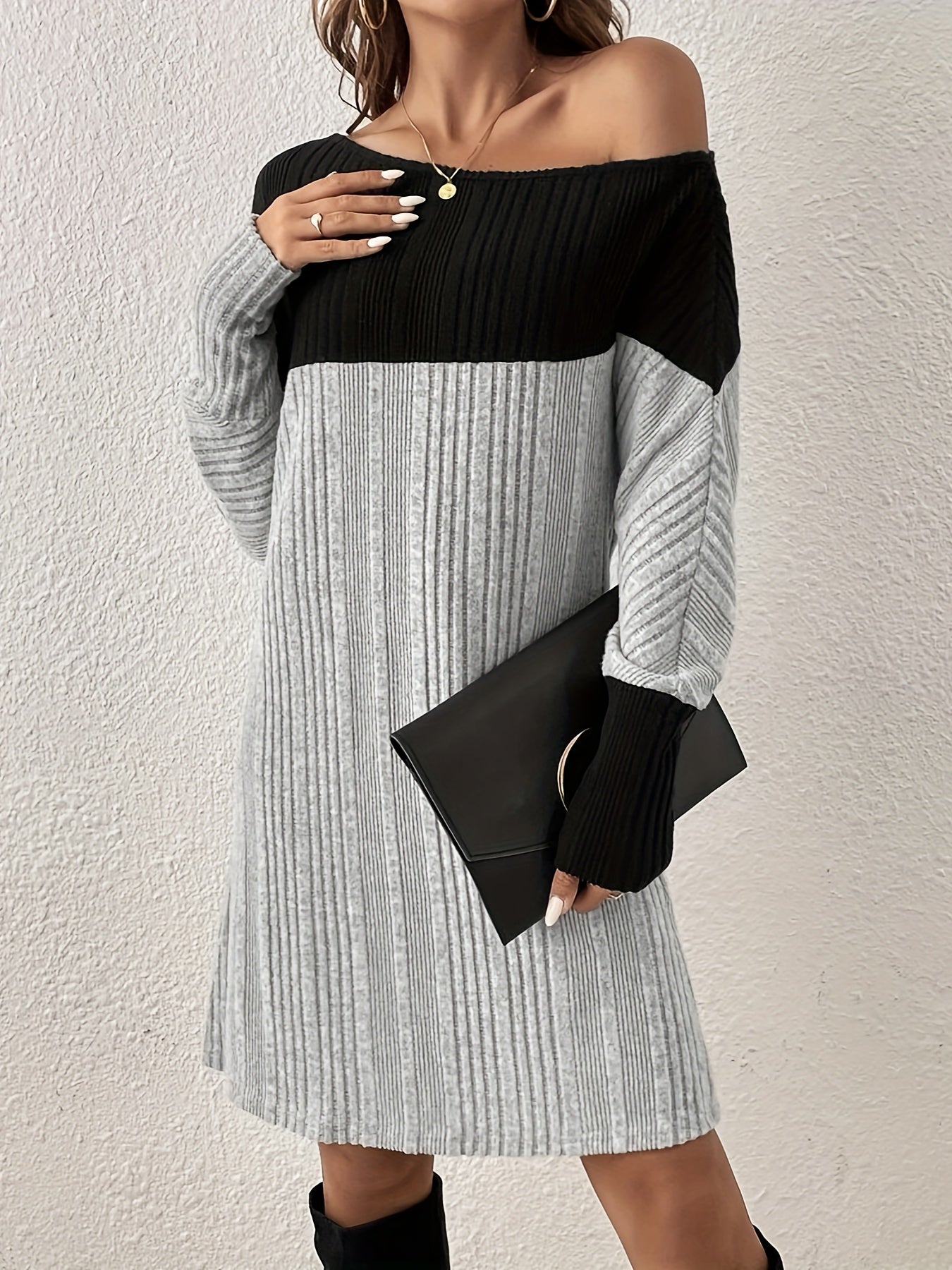 Color Block Slanted Shoulder Dress, Casual Long Sleeve Above Knee Dress, Women's Clothing