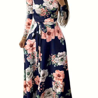 Retro Floral Print Dress, Random Print Long Sleeve Crew Neck Casual Dress For Spring & Fall, Women's Clothing