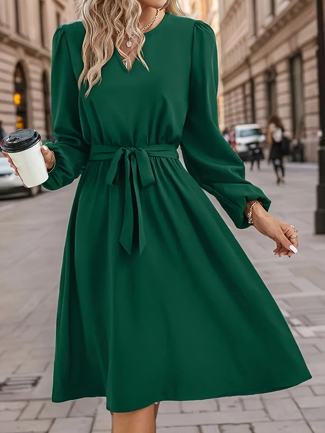 Solid Notched Neck Dress, Elegant Long Sleeve Knee Length Dress, Women's Clothing