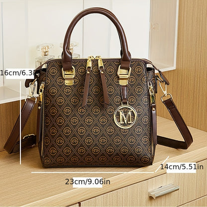 xieyinshe Letter "M" Decor Retro Handbag, Fashion Printing Zipper Shoulder Bag, Ladies Leisure Commuter Bag