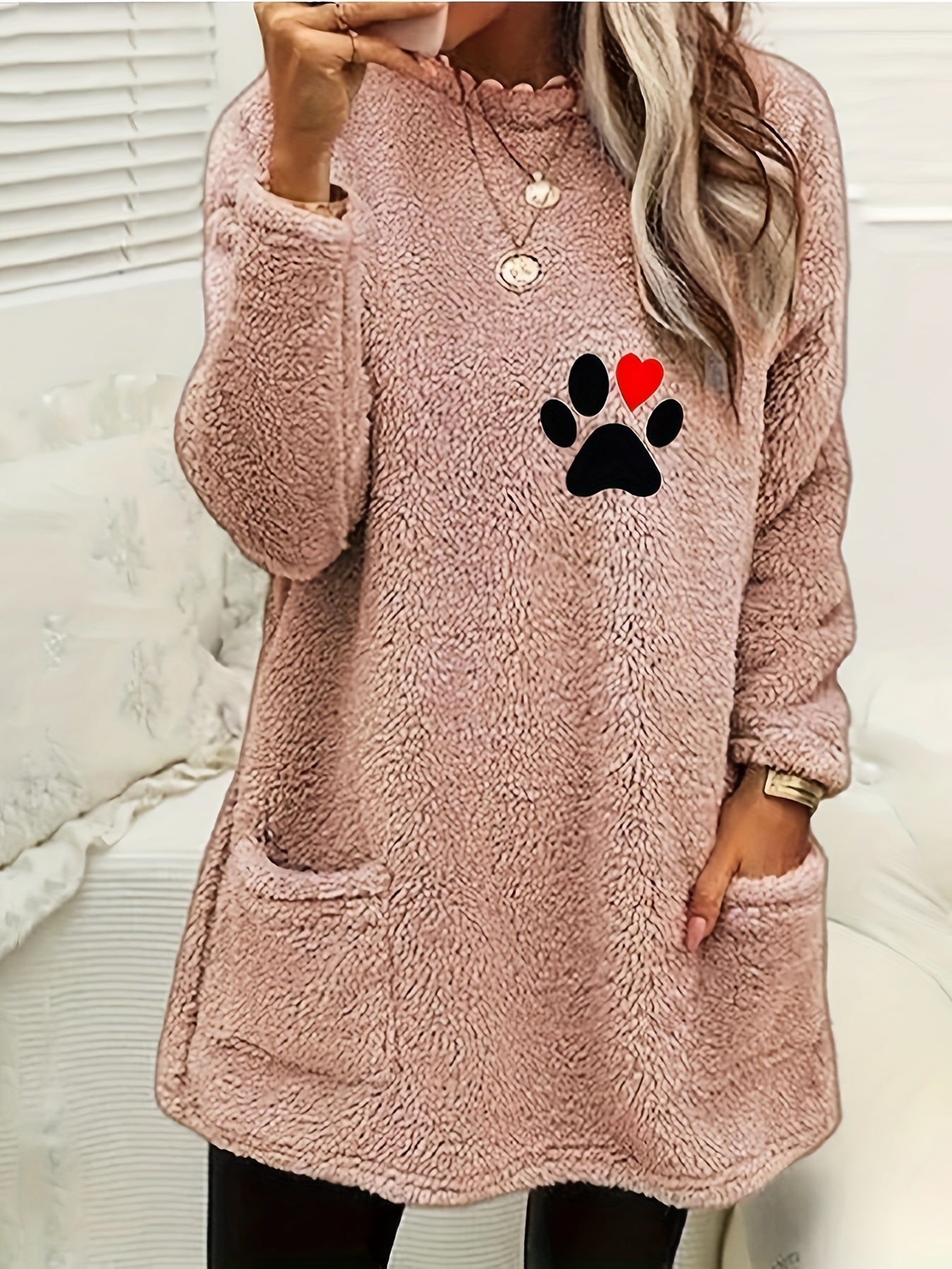 Paw Print Teddy Pullover Sweatshirt, Casual Long Sleeve Crew Neck Sweatshirt With Pockets For Fall & Winter, Women's Clothing