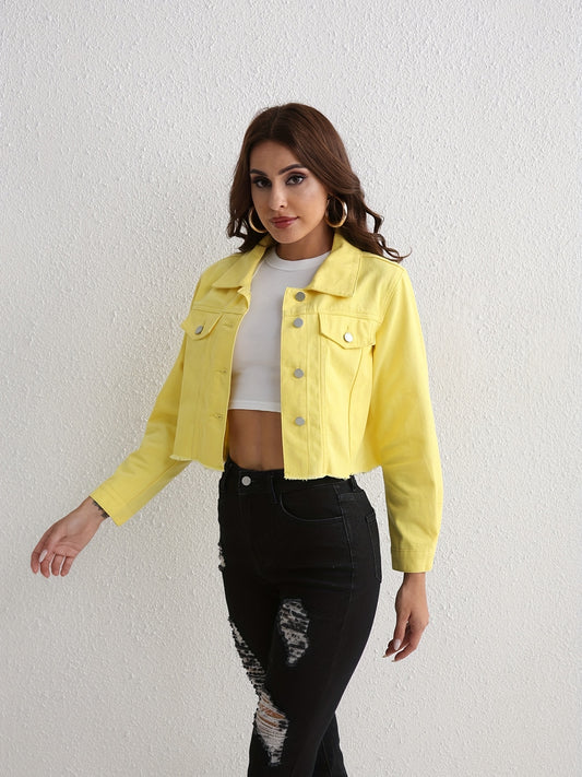 Yellow Raw Hem Denim Jackets, Long Sleeves Non-Stretch Lapel Denim Coats, Women's Denim Clothing