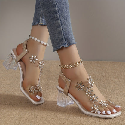 xieyinshe  Women's Flower Rhinestone Decor Sandals, Square Toe Elastic Band Transparent Chunky Heels, Fashion Going Out Summer Sandals