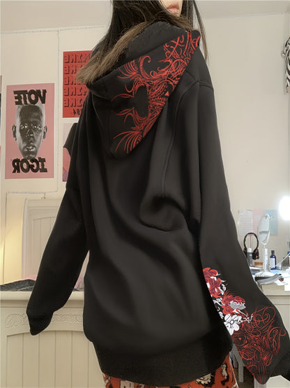 xieyinshe  Y2K Skull & Floral Print Hoodie, Zip Up Long Sleeve Sweatshirt With Pocket, Women's Clothing