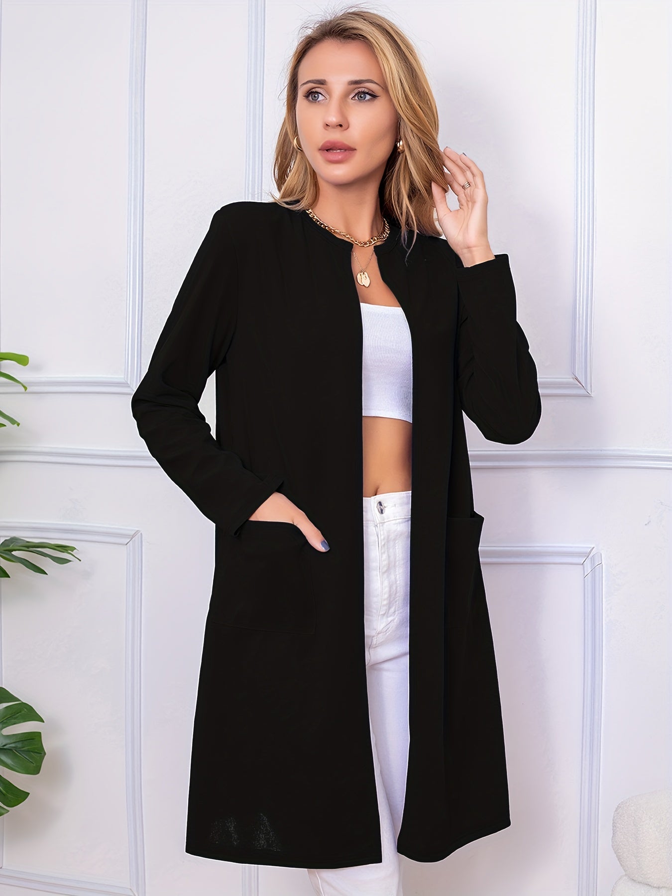 xieyinshe Long Length Open Front Coat, Casual Long Sleeve Solid Outerwear, Women's Clothing