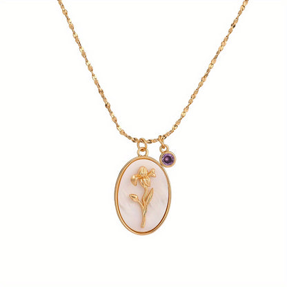 1 Pc Classic 3D Birth Flower On Oval White Shell Pendant Necklace