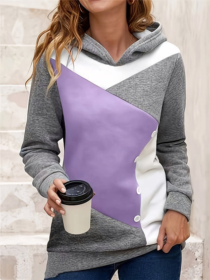 Color Block Button Hoodie, Casual Long Sleeve Hoodies Sweatshirt, Women's Clothing