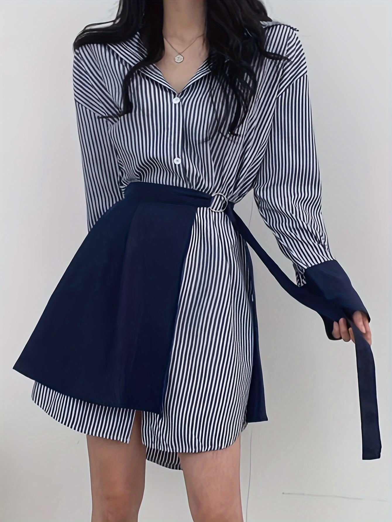 xieyinshe Stripe Print Button Front Wrap Dress, Stylish Cuff Sleeve Lapel A-line Dress, Women's Clothing